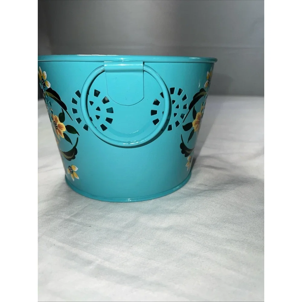 Hand painted Metal Teal Bucket